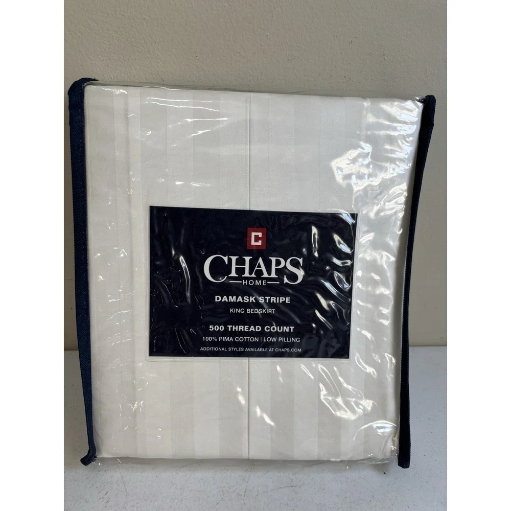 CHAPS Damask Stripe Bedskirt King Size White 500 Tc NEW NIP